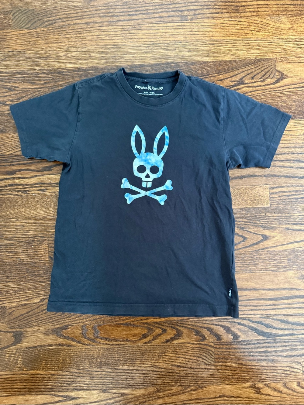 Psycho Bunny Black Tee with Teal Bunny Skull Graphic